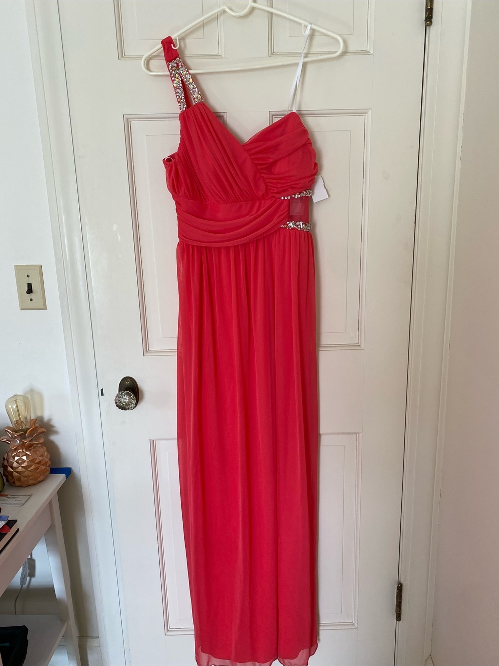 Vintage One-Shoulder Coral Deb Evening Gown with Beaded Detail